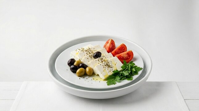 Beyaz peynir cheese plate beyaz peynir white Turkish feta cheese sliced on white plate with olives tomato overhead