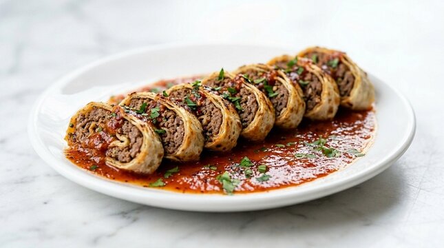 Beyti kebab wrapped beyti kebab minced meat wrapped in lavash flatbread sliced diagonal on white plate tomato sauce