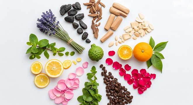 Natural spa ingredients arranged in a circular pattern with lavender stones citrus fruits and flowers. fragrant union concepts