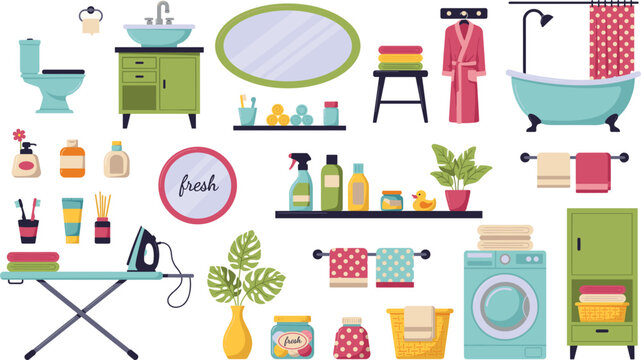 Bathroom and laundry elements set with bathtub washing machine toilet vanity mirror towels toiletries cosmetics ironing board and home hygiene icons vector illustration
