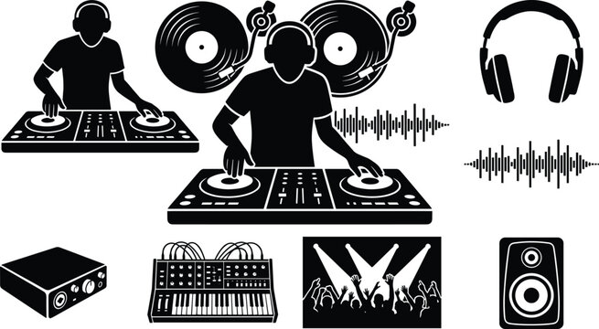 DJing and Music Production Silhouette Icons Featuring DJs, Turntables, Headphones, Sound Waves, Synthesizer, Speaker, and Concert Crowd
