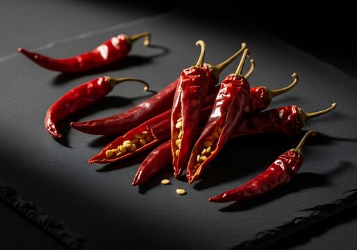 A close-up still life photograph of dried red chile arbol peppers arranged artistically on a textured black slate background with dramatic moody lighting