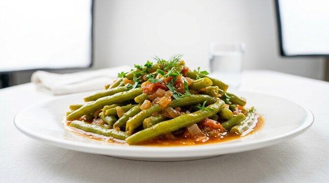 Zeytinyağlı fasulye beans zeytinyağlı fasulye green beans in tomato olive oil cold on white plate overhead