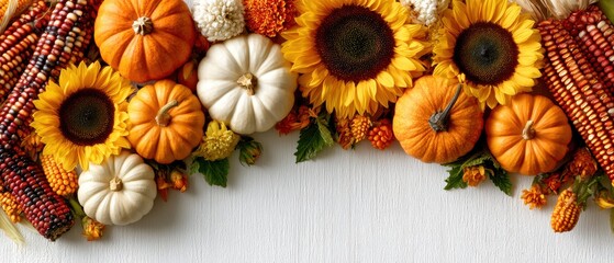 Obraz premium Ultra-wide isolated rustic border banner, a rich line of sunflowers, various pumpkins, and Indian corn, on a white background, central clean space, overhead view