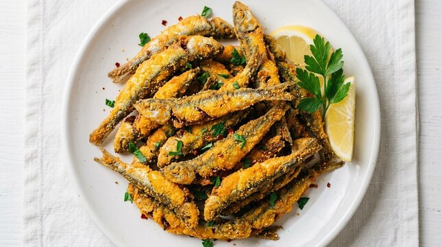 Hamsi tava fried golden pan-fried hamsi anchovies in cornmeal on white plate overhead pile