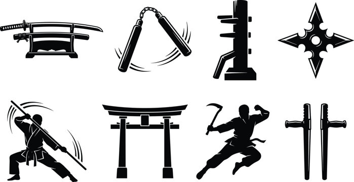 Martial Arts Silhouette Icons Featuring Katana, Nunchaku, Dummy, Shuriken, Bo Staff, Torii Gate, Kama, and Sai