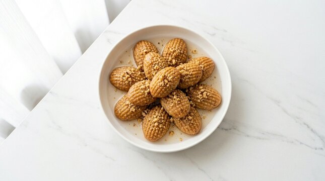Kalburabastı cookie kalburabastı walnut cookies in syrup on white plate white table overhead