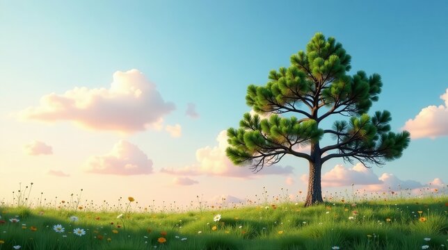 Serene Sunset Meadow with Lone Pine Tree, Vibrant Wildflowers, and Soft Cloudscape