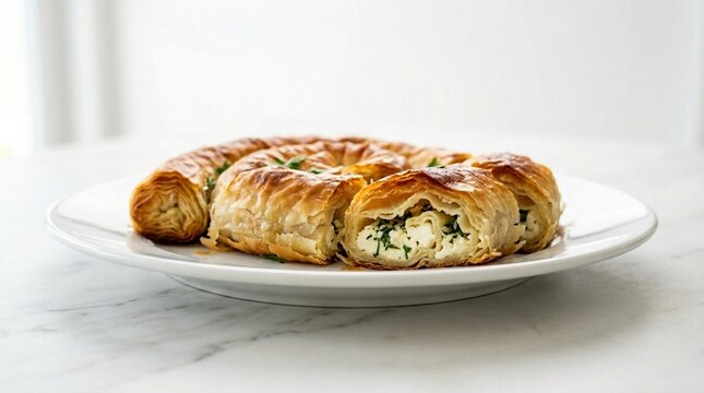 Kol b&ouml;reği rolled filo kol b&ouml;reği rolled filo pastry with cheese filling on white plate white table overhead
