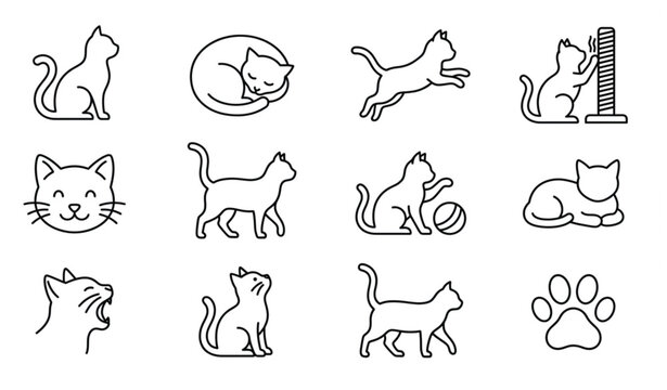 Cute cat thin line icons vector set with minimal kitten outline characters for pet shop and veterinarian logo