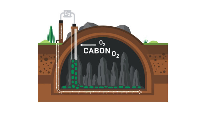 Carbon Capture and Storage CCS Diagram Illustration, Underground Carbon Sequestration and CO2 Storage Technology for Climate Change Mitigation and Sustainability