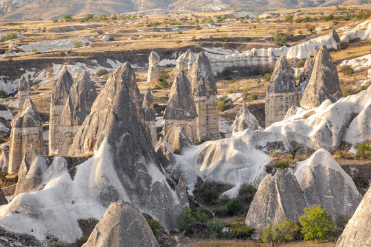 Fairy chimney rock formations in Cappadocia Turkey at golden hour