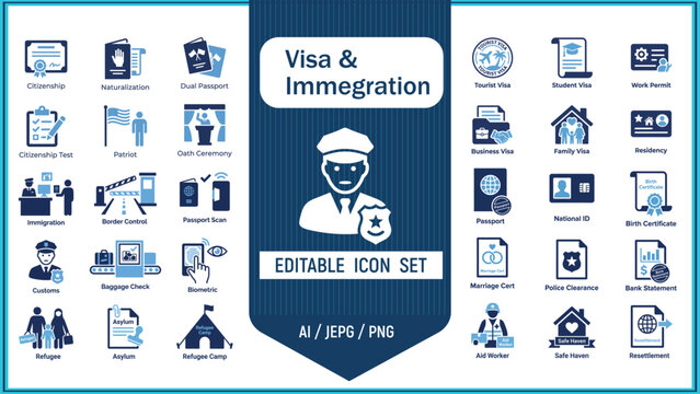 Migration and immigration icon set, visa, passport, border control, refugee, asylum, citizenship, customs officer, travel entry regulations. Solid icons collection. Vector.