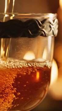 Golden mead pouring glass slow motion close-up, amber honey wine filling goblet with rising bubbles, warm candlelit bokeh, ceremonial loop for Litha feast honey mead brand seasonal video.