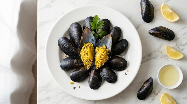 Midye dolması steamed midye dolması opened saffron rice-stuffed mussels on white plate overhead