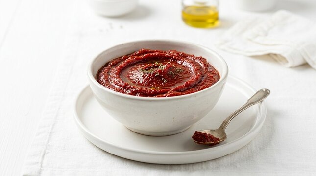 Biber sal&ccedil;ası red pepper paste deep red Turkish biber sal&ccedil;ası pepper paste in white ceramic bowl on white table macro