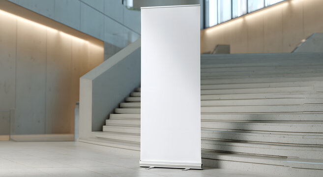 In front of the stairs in the lobby, there is a white roll-up banner template next to an advertisement mockup. There is also a commercial pull-up display.
