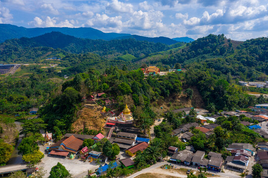 Aerial view of the sea and mountains at Ranong province, Thailand.