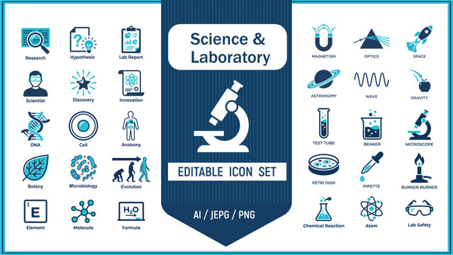 Laboratory chemistry icon set. Science research, chemical analysis, lab equipment, experiment tools, microscope, beaker, molecule, scientific testing. Editable icons collection. Vector.