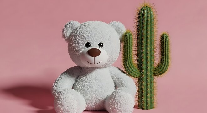 Charming white teddy bear and saguaro cactus on a pastel pink background 3d render