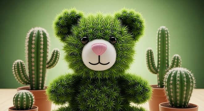 Cactus bear whimsical 3d render of a teddy bear composed of green cactus plants