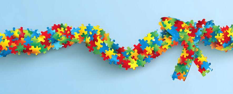 A rainbow autism ribbon made from puzzle pieces on a light blue background is a symbol of April awareness month. The banner has space for copying.