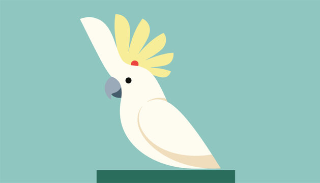 White cockatoo with a bright yellow crest profile stands on a dark shelf against a solid pale blue background in flat vector style.