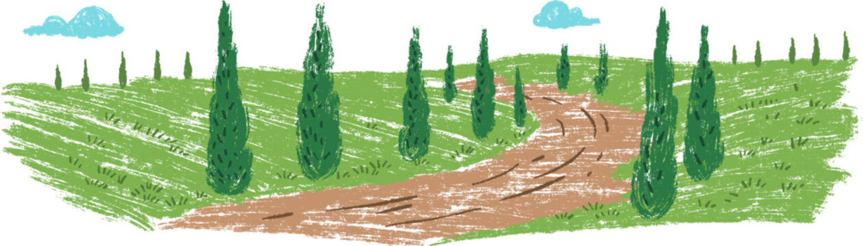 Textured hand drawn vector landscape showing winding brown dirt road surrounded by green fields and tall cypress trees in rustic Mediterranean style.