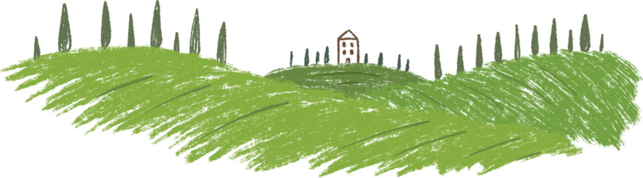 Minimalist Tuscany landscape on white background. Stylized vector illustration of rolling green hills, small traditional house and cypress trees, isolated on white background with hand-drawn crayon te