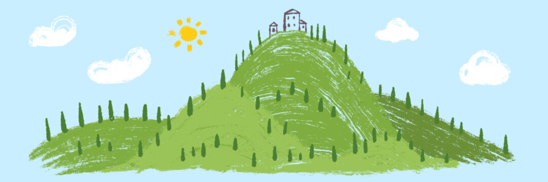 Sunny Tuscany landscape with villa. Cheerful hand drawn vector illustration of high rolling green hill topped with small village or estate, surrounded by cypress trees under blue sky with bright sun a