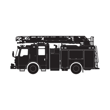Fire engine emergency vehicle black silhouette icon side view with emergency, silhouette