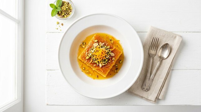 Revani orange cake revani semolina orange cake in syrup on white plate white table overhead