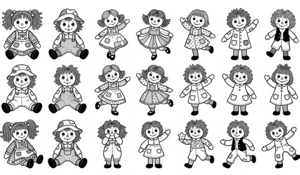 Vintage Rag Doll Character Collection Black and White Vector Illustration