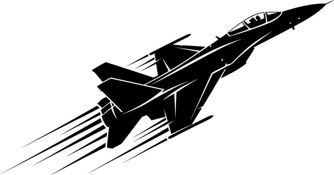 Silhouette of a modern fighter jet flying at high speed.