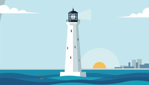 Tall white lighthouse stands in the blue sea guiding ships at sunrise with a distant city skyline under a clear sky.