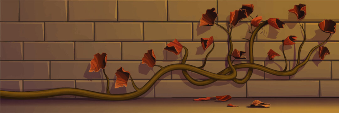 Autumn ivy vine with red leaves climbing brick wall at sunset, warm fall botanical background illustration, horizontal banner