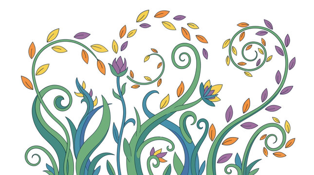 A decorative illustration of stylized plants with swirling vines, colorful leaves, and abstract flowers on a white background.