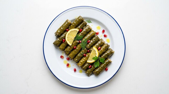 Sarma dolma stuffed leaves individual sarma stuffed vine leaf on white plate with lemon yoghurt close