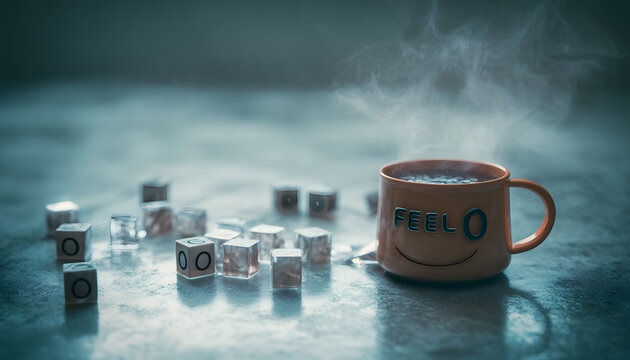 The Blue Monday concept includes plastic cubes with letters placed near a cup with a smile and a mug with a hot drink. A gloomy marketing message is conveyed.