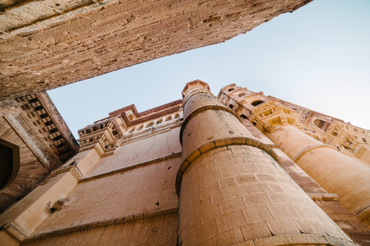 Low angle view of Mehrangarh Fort architecture in Jodhpur India
