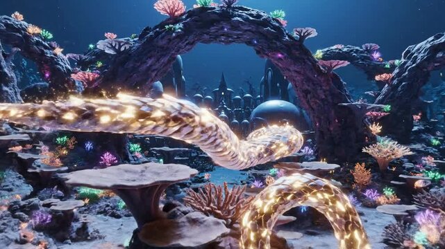 Mystical Bioluminescent Creature Glides Through Enchanted Underwater Coral Forest