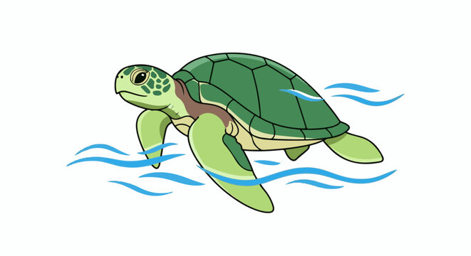 A stylized green turtle swims through blue stylized waves