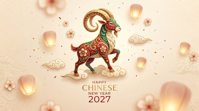 Happy Chinese New Year 2027 Year of the Goat illustration with lanterns, traditional zodiac ram, lunar new year celebration and festive greeting card design