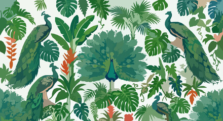 Tropical Jungle Peacock Vector Wallpaper with Banana Leaves and Exotic Foliage © MdArif