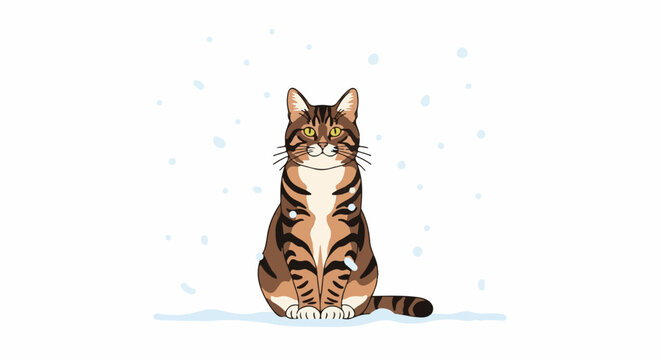 A pixel art tabby cat sits patiently as light snow falls around it