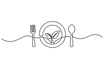 Obraz premium Healthy organic food continuous line art illustration with plate fork and spoonHealthy organic food continuous line art illustration with plate fork and spoon