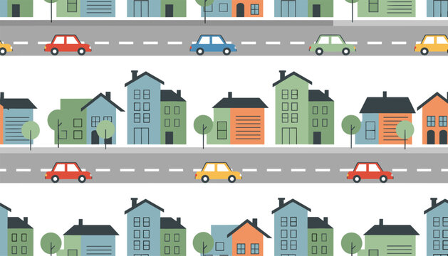 City street seamless pattern with colorful residential houses, green trees, and roads with small driving cars.