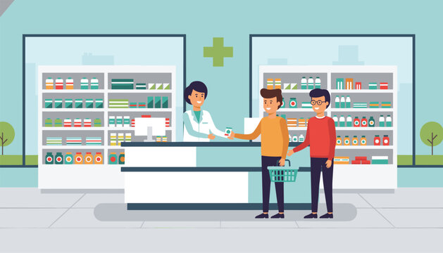 Friendly female pharmacist selling medicine to two young male customers at the pharmacy counter in a drugstore.