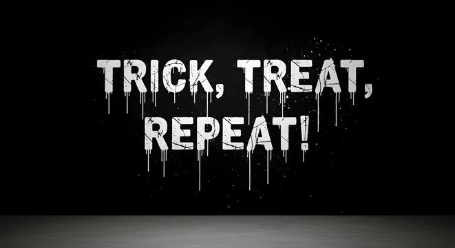 Trick, treat, repeat text written on a dark wall with a distressed, dripping paint effect