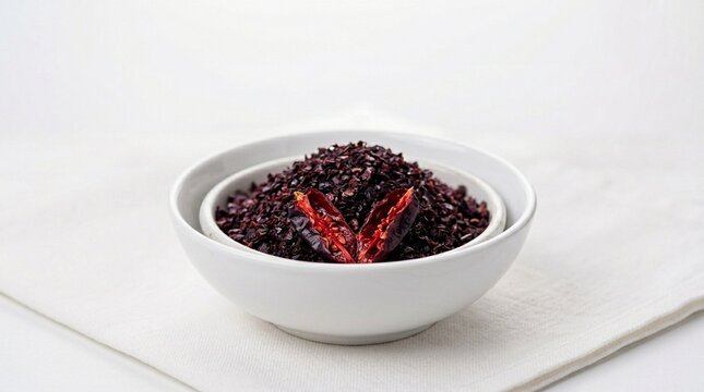 Isot Urfa dark pepper dark purple-red Urfa isot biber pepper flakes in white bowl on white table close macro
